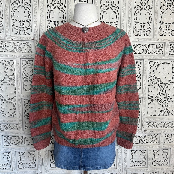 Handmade Sweaters - Handmade Knit Orange & Green Retro Grannycore Colorful Sweater Sz M